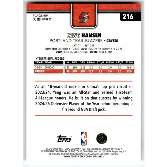 2025-26 Topps Flagship Yang Hansen  Rookie Portland Trailblazers Card #216 - Picture 2 of 2